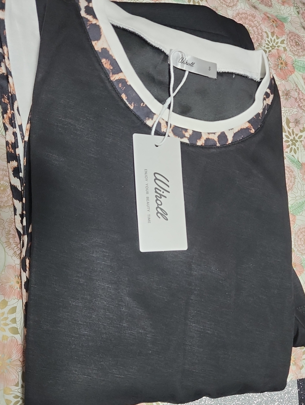 Wiholl Black Crewneck Top with Leopard Trim 2 Pc Lounge Set With Pockets